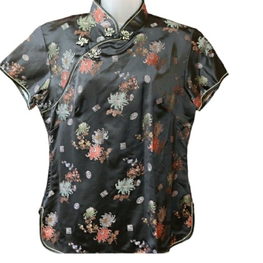 Solz Squirrel Black Oriental Asian Floral Embroidered Geisha Top Vintage 42